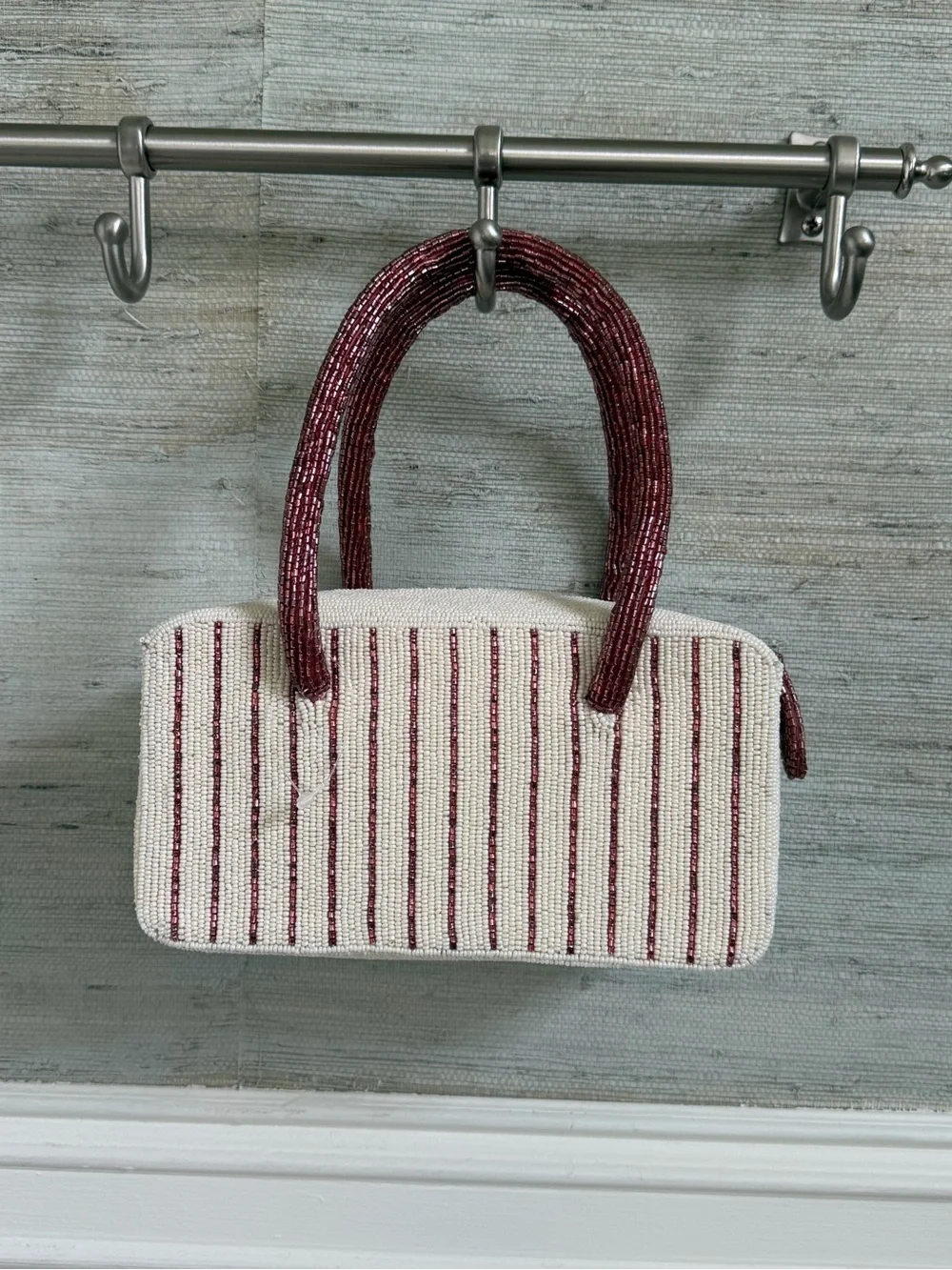 NWT new Anthropologie beaded box shaped bag purse floral cream burgundy stripe